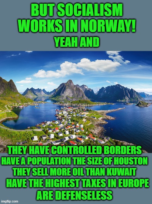 yep | BUT SOCIALISM WORKS IN NORWAY! YEAH AND; THEY HAVE CONTROLLED BORDERS; HAVE A POPULATION THE SIZE OF HOUSTON; THEY SELL MORE OIL THAN KUWAIT; HAVE THE HIGHEST TAXES IN EUROPE; ARE DEFENSELESS | image tagged in socialism | made w/ Imgflip meme maker