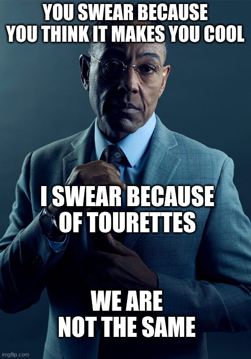 tourettes | YOU SWEAR BECAUSE YOU THINK IT MAKES YOU COOL; I SWEAR BECAUSE OF TOURETTES; WE ARE NOT THE SAME | image tagged in gus fring we are not the same | made w/ Imgflip meme maker