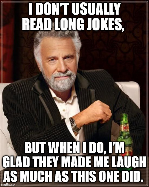 The Most Interesting Man In The World Meme | I DON’T USUALLY READ LONG JOKES, BUT WHEN I DO, I’M GLAD THEY MADE ME LAUGH AS MUCH AS THIS ONE DID. | image tagged in memes,the most interesting man in the world | made w/ Imgflip meme maker
