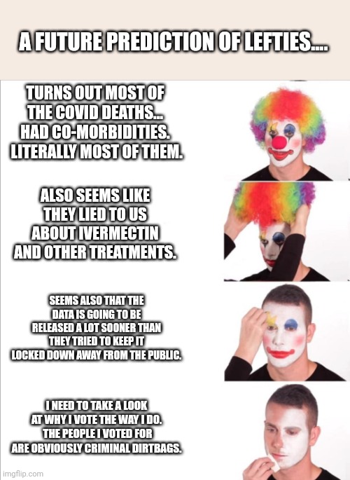 Take off the clown make up - vote the democrat criminals out | A FUTURE PREDICTION OF LEFTIES.... TURNS OUT MOST OF THE COVID DEATHS... HAD CO-MORBIDITIES.  LITERALLY MOST OF THEM. ALSO SEEMS LIKE THEY LIED TO US ABOUT IVERMECTIN AND OTHER TREATMENTS. SEEMS ALSO THAT THE DATA IS GOING TO BE RELEASED A LOT SOONER THAN THEY TRIED TO KEEP IT LOCKED DOWN AWAY FROM THE PUBLIC. I NEED TO TAKE A LOOK AT WHY I VOTE THE WAY I DO.  THE PEOPLE I VOTED FOR ARE OBVIOUSLY CRIMINAL DIRTBAGS. | image tagged in reverse clown make up | made w/ Imgflip meme maker