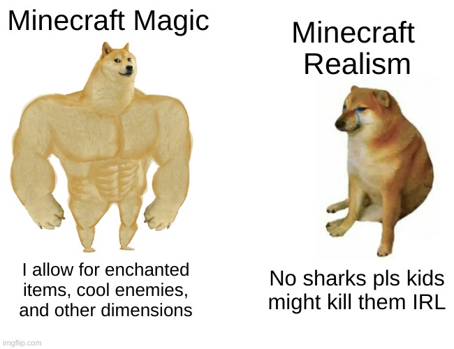 Minecraft Magic vs. Realism | Minecraft Magic; Minecraft 
Realism; I allow for enchanted items, cool enemies, and other dimensions; No sharks pls kids might kill them IRL | image tagged in memes,buff doge vs cheems | made w/ Imgflip meme maker