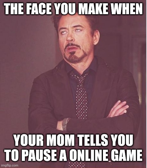 Face You Make Robert Downey Jr Meme | THE FACE YOU MAKE WHEN; YOUR MOM TELLS YOU TO PAUSE A ONLINE GAME | image tagged in memes,face you make robert downey jr | made w/ Imgflip meme maker