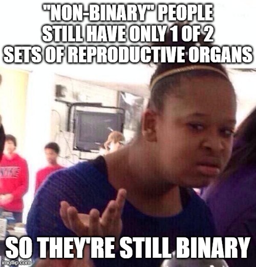 Black Girl Wat Meme | "NON-BINARY" PEOPLE STILL HAVE ONLY 1 OF 2 SETS OF REPRODUCTIVE ORGANS SO THEY'RE STILL BINARY | image tagged in memes,black girl wat | made w/ Imgflip meme maker
