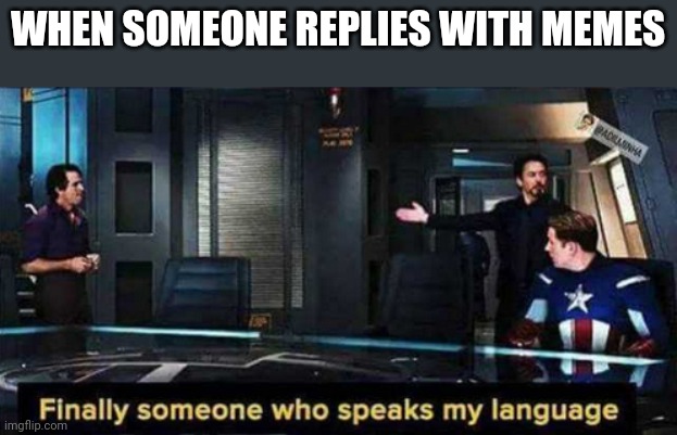 Finally someone who speaks my language | WHEN SOMEONE REPLIES WITH MEMES | image tagged in finally someone who speaks my language | made w/ Imgflip meme maker