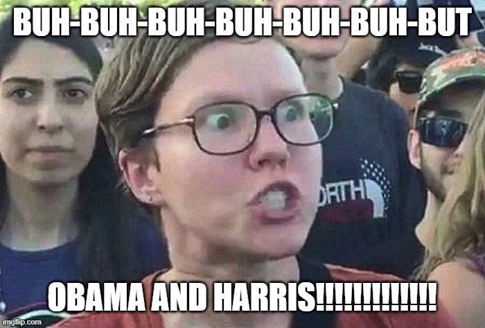 Triggered Liberal | BUH-BUH-BUH-BUH-BUH-BUH-BUT OBAMA AND HARRIS!!!!!!!!!!!!! | image tagged in triggered liberal | made w/ Imgflip meme maker
