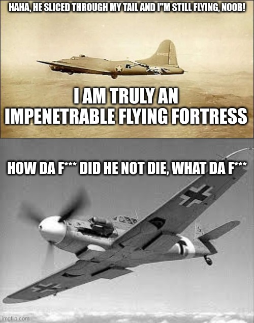 BF-109 Slices through Boeing B-17 Flying Fortress and it keeps flying | HAHA, HE SLICED THROUGH MY TAIL AND I"M STILL FLYING, NOOB! I AM TRULY AN IMPENETRABLE FLYING FORTRESS; HOW DA F*** DID HE NOT DIE, WHAT DA F*** | image tagged in ww2,planes,dogfight,war,b-17,america mf | made w/ Imgflip meme maker