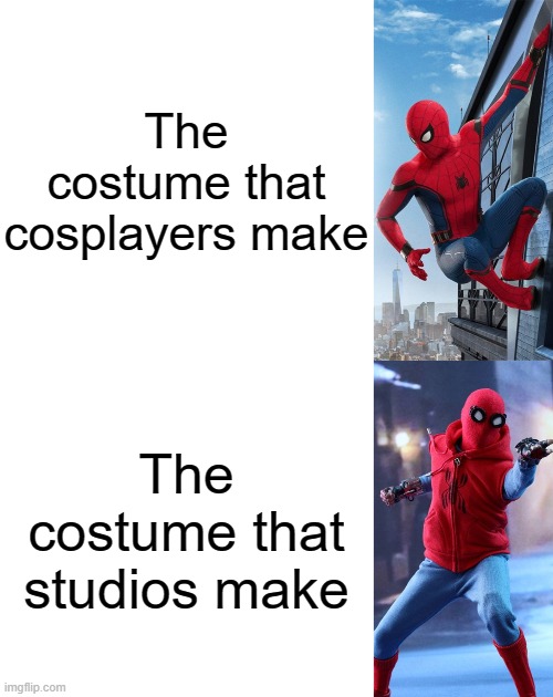 Good vs Bad Spider-Man Suit | The costume that cosplayers make; The costume that studios make | image tagged in good vs bad spider-man suit | made w/ Imgflip meme maker