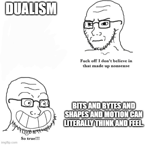 I don't believe in that made up nonsense. So true! | DUALISM; BITS AND BYTES AND SHAPES AND MOTION CAN LITERALLY THINK AND FEEL. | image tagged in i don't believe in that made up nonsense so true | made w/ Imgflip meme maker