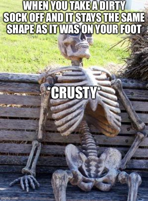 Crusty sock :( | WHEN YOU TAKE A DIRTY SOCK OFF AND IT STAYS THE SAME SHAPE AS IT WAS ON YOUR FOOT; *CRUSTY* | image tagged in memes,waiting skeleton | made w/ Imgflip meme maker