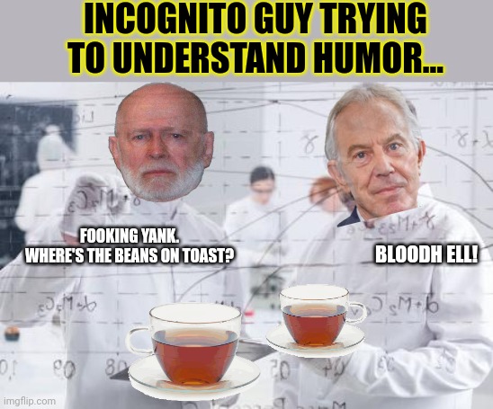 Incognito problems | INCOGNITO GUY TRYING TO UNDERSTAND HUMOR... FOOKING YANK. WHERE'S THE BEANS ON TOAST? BLOODH ELL! | image tagged in british scientists,incognito,problems,political,propaganda | made w/ Imgflip meme maker