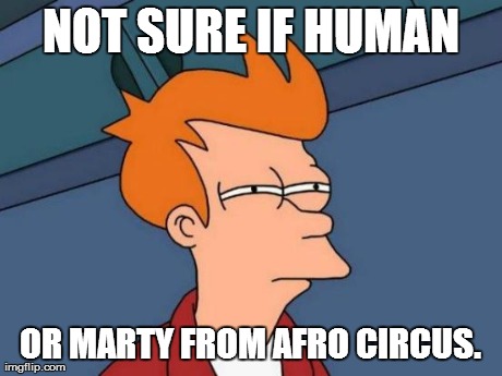 *meme comment* | NOT SURE IF HUMAN OR MARTY FROM AFRO CIRCUS. | image tagged in memes,futurama fry | made w/ Imgflip meme maker