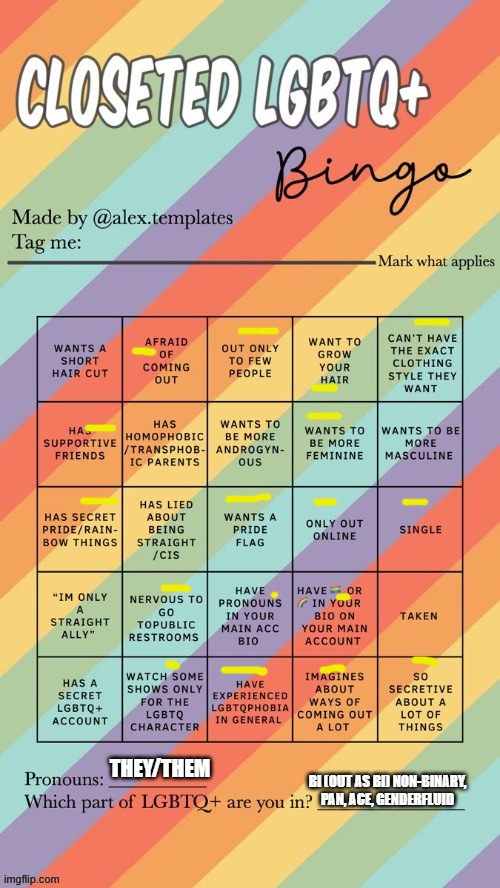 i'm back in the closet, and probably for a while. |  THEY/THEM; BI (OUT AS BI) NON-BINARY, PAN, ACE, GENDERFLUID | image tagged in closeted lgbtq bingo | made w/ Imgflip meme maker