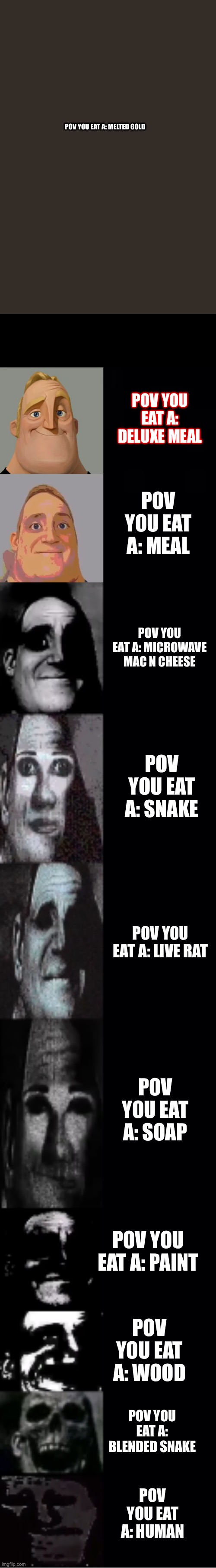 POV you eat a: |  POV YOU EAT A: MELTED GOLD; POV YOU EAT A: DELUXE MEAL; POV YOU EAT A: MEAL; POV YOU EAT A: MICROWAVE MAC N CHEESE; POV YOU EAT A: SNAKE; POV YOU EAT A: LIVE RAT; POV YOU EAT A: SOAP; POV YOU EAT A: PAINT; POV YOU EAT A: WOOD; POV YOU EAT A: BLENDED SNAKE; POV YOU EAT A: HUMAN | image tagged in mr incredible becoming uncanny | made w/ Imgflip meme maker