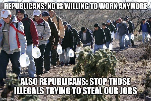 Also far to many "libertarians" smh | REPUBLICANS: NO IS WILLING TO WORK ANYMORE; ALSO REPUBLICANS: STOP THOSE ILLEGALS TRYING TO STEAL OUR JOBS | image tagged in mexican immigration | made w/ Imgflip meme maker