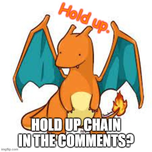 Hold Up Chain Please? | HOLD UP CHAIN IN THE COMMENTS? | image tagged in charizard hold up | made w/ Imgflip meme maker