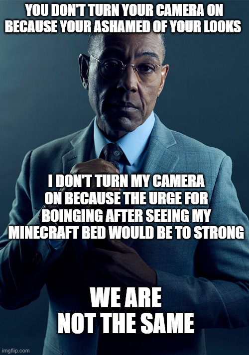 (andriod notification intensifies) | YOU DON'T TURN YOUR CAMERA ON BECAUSE YOUR ASHAMED OF YOUR LOOKS; I DON'T TURN MY CAMERA ON BECAUSE THE URGE FOR BOINGING AFTER SEEING MY MINECRAFT BED WOULD BE TO STRONG; WE ARE NOT THE SAME | image tagged in gus fring we are not the same | made w/ Imgflip meme maker