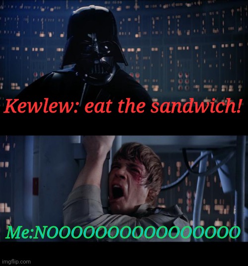 Star Wars No Meme | Kewlew: eat the sandwich! Me:NOOOOOOOOOOOOOOOO | image tagged in memes,star wars no | made w/ Imgflip meme maker