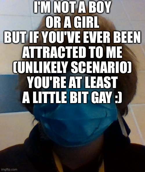 scarri honu | I'M NOT A BOY
OR A GIRL
BUT IF YOU'VE EVER BEEN ATTRACTED TO ME (UNLIKELY SCENARIO)
YOU'RE AT LEAST A LITTLE BIT GAY :) | image tagged in scarri honu | made w/ Imgflip meme maker