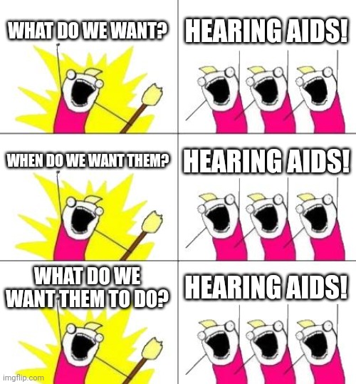 lmaoggsez | WHAT DO WE WANT? HEARING AIDS! WHEN DO WE WANT THEM? HEARING AIDS! WHAT DO WE WANT THEM TO DO? HEARING AIDS! | image tagged in memes,what do we want 3 | made w/ Imgflip meme maker