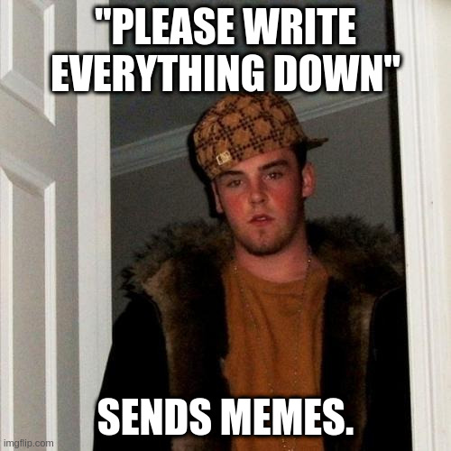 Why write when I can meme? | "PLEASE WRITE EVERYTHING DOWN"; SENDS MEMES. | image tagged in memes,scumbag steve,writing,in writing,logophilia | made w/ Imgflip meme maker