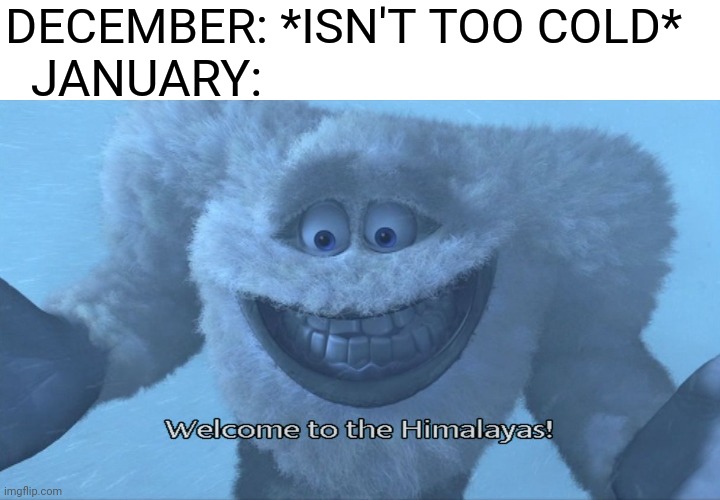 Welcome to the himalayas |  DECEMBER: *ISN'T TOO COLD*; JANUARY: | image tagged in welcome to the himalayas,memes,winter memes,january | made w/ Imgflip meme maker