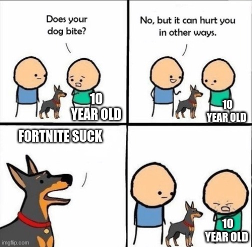 does your dog bite | 10 YEAR OLD; 10 YEAR OLD; FORTNITE SUCK; 10 YEAR OLD | image tagged in does your dog bite | made w/ Imgflip meme maker