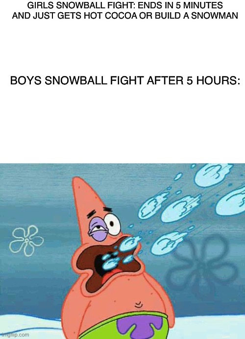 War |  GIRLS SNOWBALL FIGHT: ENDS IN 5 MINUTES AND JUST GETS HOT COCOA OR BUILD A SNOWMAN; BOYS SNOWBALL FIGHT AFTER 5 HOURS: | image tagged in patrick getting hit in the mouth by snowballs,memes,snow | made w/ Imgflip meme maker