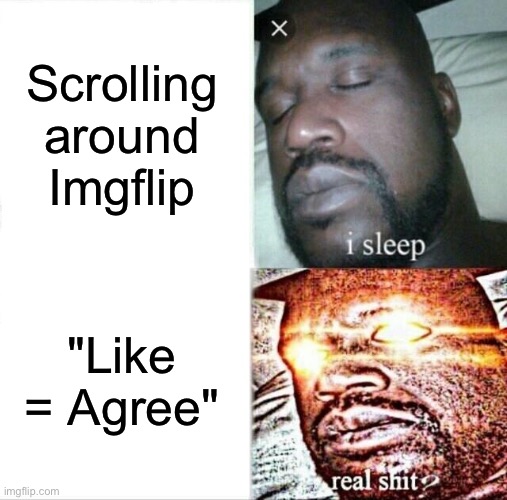 another upvote beggar meme | Scrolling around Imgflip; "Like = Agree" | image tagged in memes,sleeping shaq,upvote beggars | made w/ Imgflip meme maker