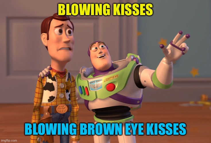Nothing makes you warm and loved like a brown eye kiss | BLOWING KISSES; BLOWING BROWN EYE KISSES | image tagged in memes,x x everywhere | made w/ Imgflip meme maker