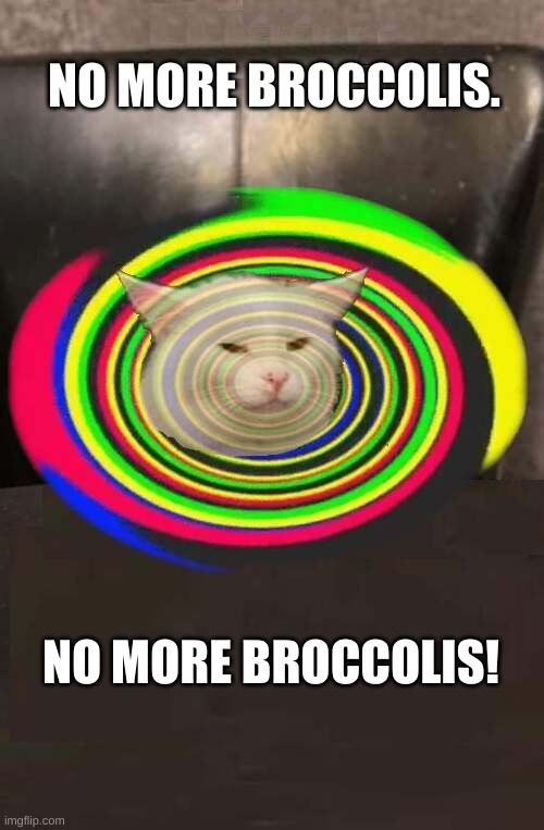 No Broccoli! | NO MORE BROCCOLIS. NO MORE BROCCOLIS! | image tagged in smudge the cat,smudge,hypnosis,broccoli,no,tuna | made w/ Imgflip meme maker