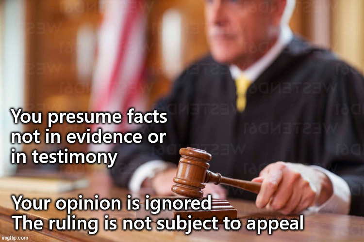 You presume facts 
not in evidence or
in testimony Your opinion is ignored
The ruling is not subject to appeal | made w/ Imgflip meme maker