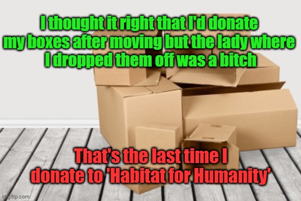 Habitat for Humanity | I thought it right that I'd donate 
my boxes after moving but the lady where 
I dropped them off was a bitch; That's the last time I donate to 'Habitat for Humanity' | image tagged in housing,donations,thankless | made w/ Imgflip meme maker