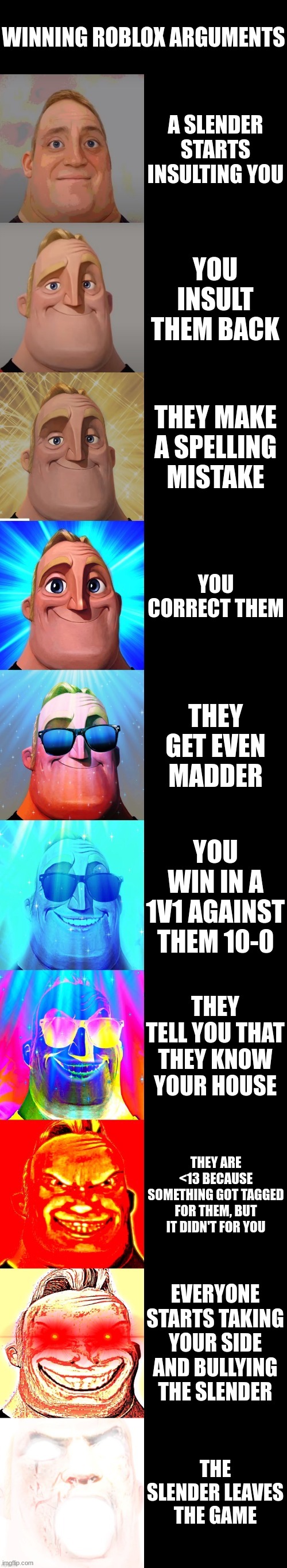 haha get rekt slender | WINNING ROBLOX ARGUMENTS; A SLENDER STARTS INSULTING YOU; YOU INSULT THEM BACK; THEY MAKE A SPELLING MISTAKE; YOU CORRECT THEM; THEY GET EVEN MADDER; YOU WIN IN A 1V1 AGAINST THEM 10-0; THEY TELL YOU THAT THEY KNOW YOUR HOUSE; THEY ARE <13 BECAUSE SOMETHING GOT TAGGED FOR THEM, BUT IT DIDN'T FOR YOU; EVERYONE STARTS TAKING YOUR SIDE AND BULLYING THE SLENDER; THE SLENDER LEAVES THE GAME | image tagged in mr incredible becoming canny | made w/ Imgflip meme maker
