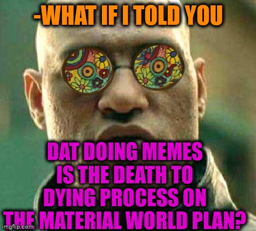 -Be captivated. | -WHAT IF I TOLD YOU; DAT DOING MEMES IS THE DEATH TO DYING PROCESS ON THE MATERIAL WORLD PLAN? | image tagged in acid kicks in morpheus,memes about memeing,so you have chosen death,first world problems,what if i told you,hashtag | made w/ Imgflip meme maker