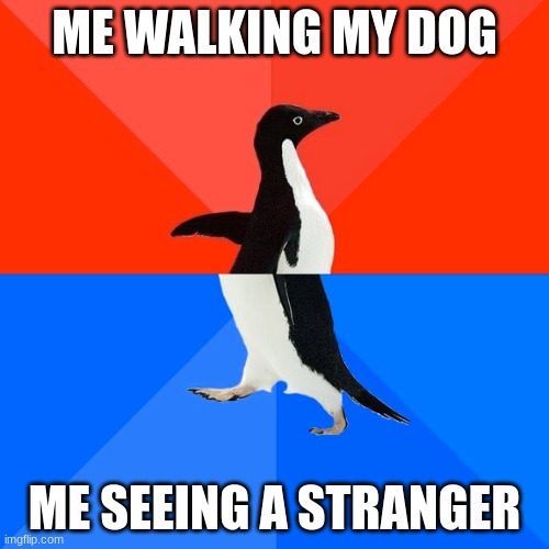 Socially Awesome Awkward Penguin | ME WALKING MY DOG; ME SEEING A STRANGER | image tagged in memes,socially awesome awkward penguin | made w/ Imgflip meme maker
