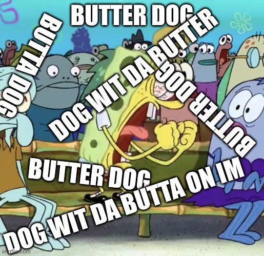 butta dog | BUTTER DOG; DOG WIT DA BUTTER; BUTTA DOG; BUTTER DOG; BUTTER DOG; DOG WIT DA BUTTA ON IM | image tagged in spongebob yelling,butter dog,dog with the butter on him,butta dog,dog wit da butta on im,memes | made w/ Imgflip meme maker