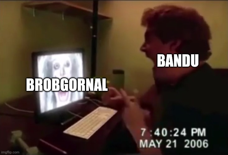 Bandu when brobgornal is confirmed in dave and bambi golden apple edition 2.0: | BANDU; BROBGORNAL | image tagged in guy punches through computer screen meme | made w/ Imgflip meme maker