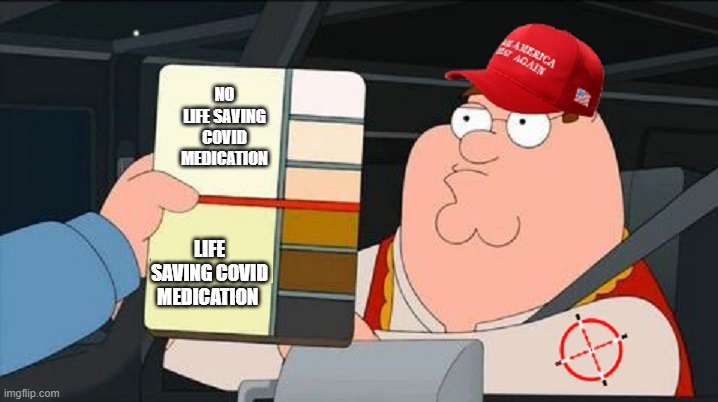 MAGA Racist Blank | NO LIFE SAVING COVID MEDICATION; LIFE SAVING COVID MEDICATION | image tagged in maga racist blank | made w/ Imgflip meme maker