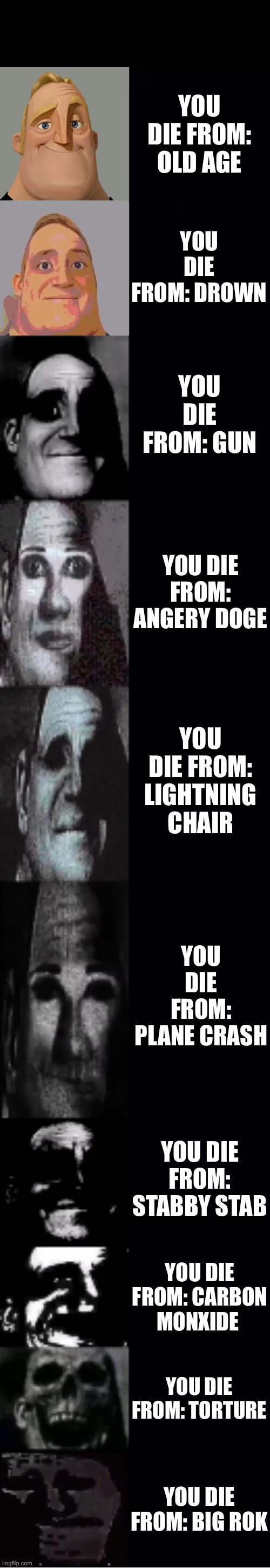 You die from: | YOU DIE FROM: OLD AGE; YOU DIE FROM: DROWN; YOU DIE FROM: GUN; YOU DIE FROM: ANGERY DOGE; YOU DIE FROM: LIGHTNING CHAIR; YOU DIE FROM: PLANE CRASH; YOU DIE FROM: STABBY STAB; YOU DIE FROM: CARBON MONXIDE; YOU DIE FROM: TORTURE; YOU DIE FROM: BIG ROK | image tagged in mr incredible becoming uncanny | made w/ Imgflip meme maker