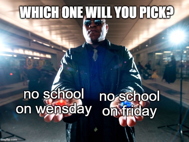 school is bad nocap |  WHICH ONE WILL YOU PICK? no school on friday; no school on wensday | image tagged in pick one,school,school meme,funny,fun,lmao | made w/ Imgflip meme maker