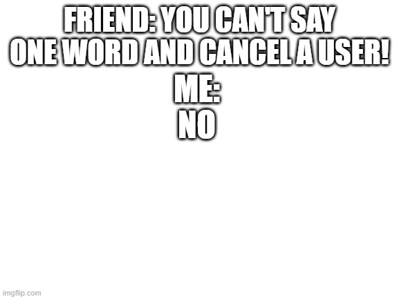 Blank White Template | FRIEND: YOU CAN'T SAY ONE WORD AND CANCEL A USER! ME:
NO | image tagged in blank white template | made w/ Imgflip meme maker