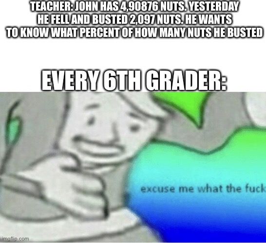 Wait what!? | TEACHER: JOHN HAS 4,90876 NUTS. YESTERDAY HE FELL AND BUSTED 2,097 NUTS. HE WANTS TO KNOW WHAT PERCENT OF HOW MANY NUTS HE BUSTED; EVERY 6TH GRADER: | image tagged in excuse me wtf blank template | made w/ Imgflip meme maker