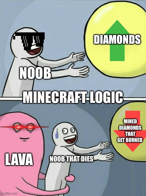 Minecraft logic | DIAMONDS; NOOB; MINECRAFT LOGIC; MINED DIAMONDS THAT GET BURNED; LAVA; NOOB THAT DIES | image tagged in memes,running away balloon | made w/ Imgflip meme maker