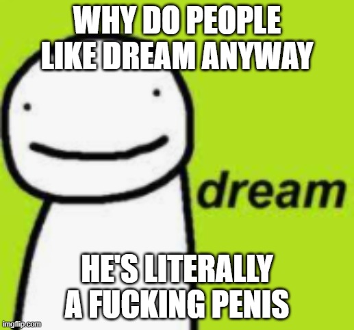bruh | WHY DO PEOPLE LIKE DREAM ANYWAY; HE'S LITERALLY A FUCKING PENIS | image tagged in dream | made w/ Imgflip meme maker