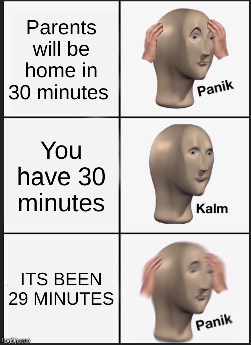 panik |  Parents will be home in 30 minutes; You have 30 minutes; ITS BEEN 29 MINUTES | image tagged in memes,panik kalm panik | made w/ Imgflip meme maker