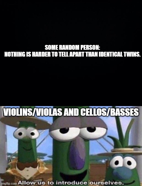 cool title | SOME RANDOM PERSON:
NOTHING IS HARDER TO TELL APART THAN IDENTICAL TWINS. VIOLINS/VIOLAS AND CELLOS/BASSES | image tagged in black background,veggietales 'allow us to introduce ourselfs' | made w/ Imgflip meme maker