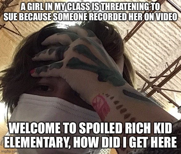 A GIRL IN MY CLASS IS THREATENING TO SUE BECAUSE SOMEONE RECORDED HER ON VIDEO; WELCOME TO SPOILED RICH KID ELEMENTARY, HOW DID I GET HERE | made w/ Imgflip meme maker