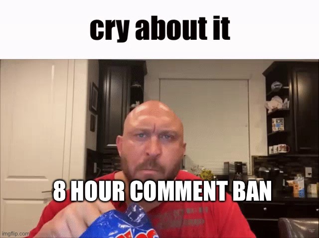Cry About It | 8 HOUR COMMENT BAN | image tagged in cry about it | made w/ Imgflip meme maker