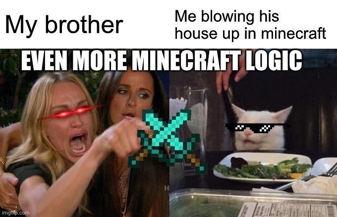 Even more Minecraft logic | My brother; Me blowing his house up in minecraft; EVEN MORE MINECRAFT LOGIC | image tagged in memes,woman yelling at cat | made w/ Imgflip meme maker