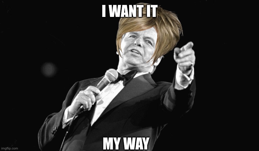 Sinatra pointing | I WANT IT; MY WAY | image tagged in sinatra pointing | made w/ Imgflip meme maker